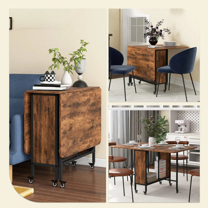 Folding Dining Table with Storage Shelf and 6 Wheels - Rustic Brown