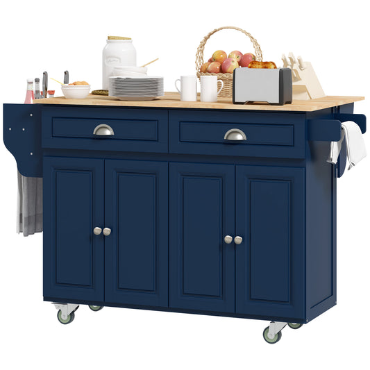 Rolling Kitchen Island with Drop Leaf and Storage, Navy Blue