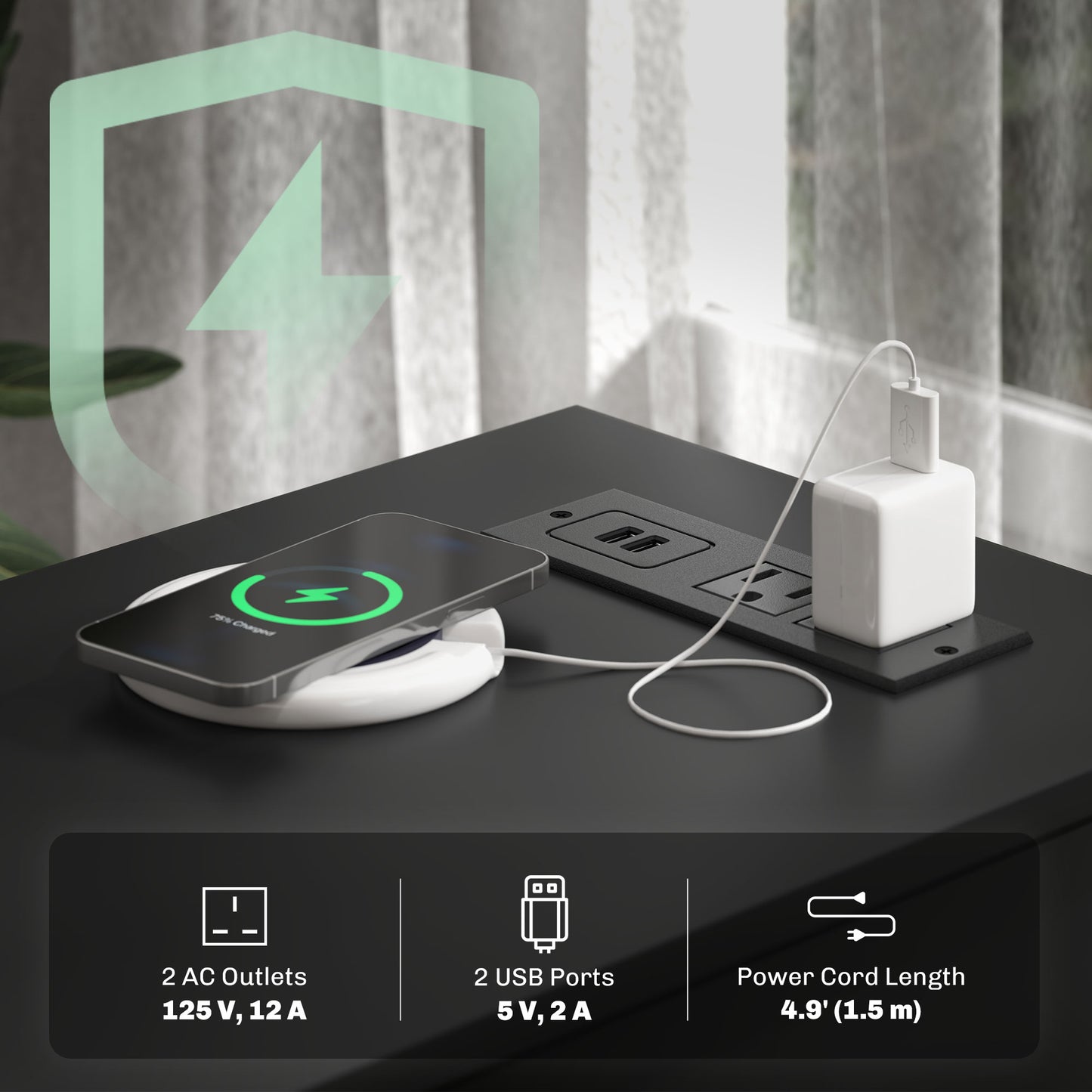 Narrow Side Table with Built-in Charging Station and USB Ports, Black