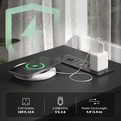 Narrow Side Table with Built-in Charging Station and USB Ports, Black