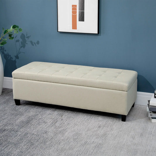 Rectangular Tufted Storage Bench with Wood Feet, Beige