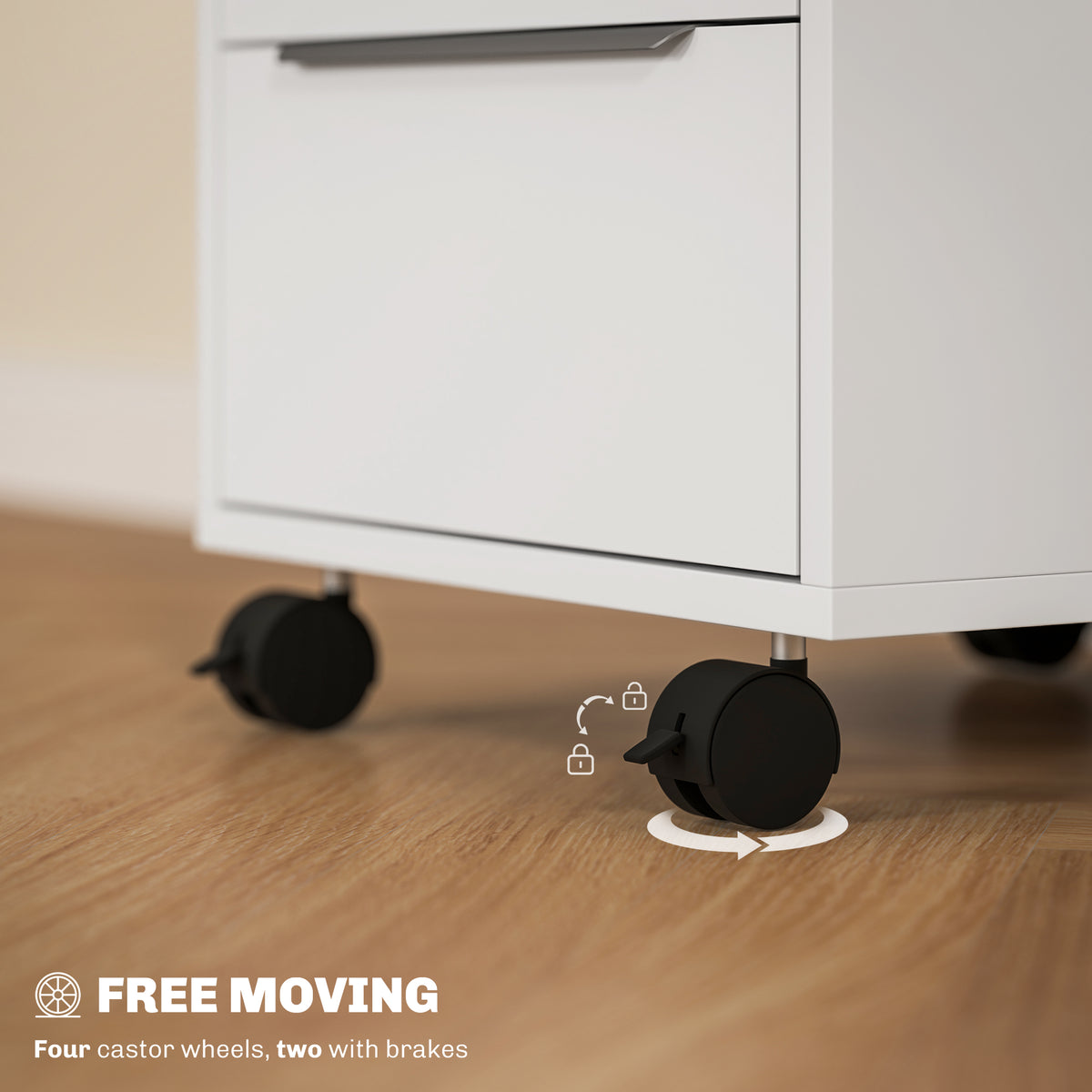 3-Drawer File Cabinet with Wheels, Vertical Filing Cabinet with Lock, White