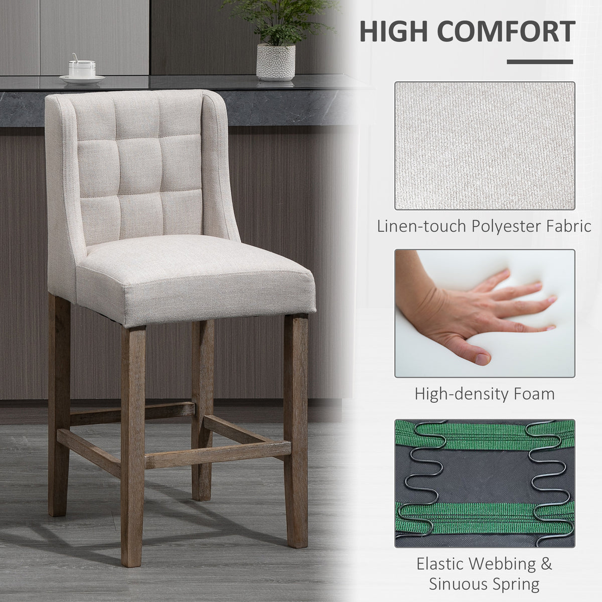 Bar Stools with Upholstered Seat, Beige (Set of 2)