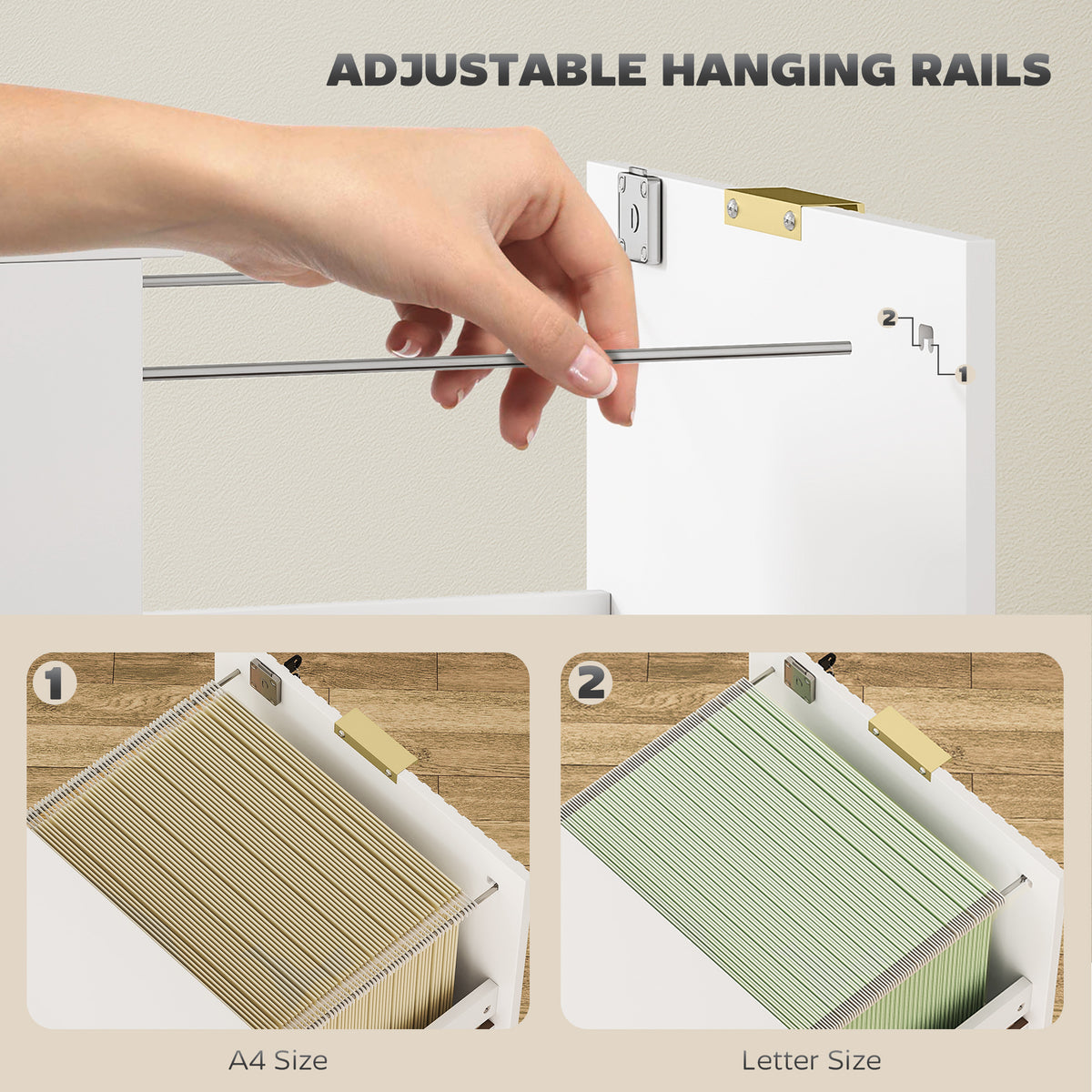 Lockable Filing Cabinet with 3 Fluted Drawers, File Cabinet with Adjustable Hanging Rails for A4 Letter Files, White