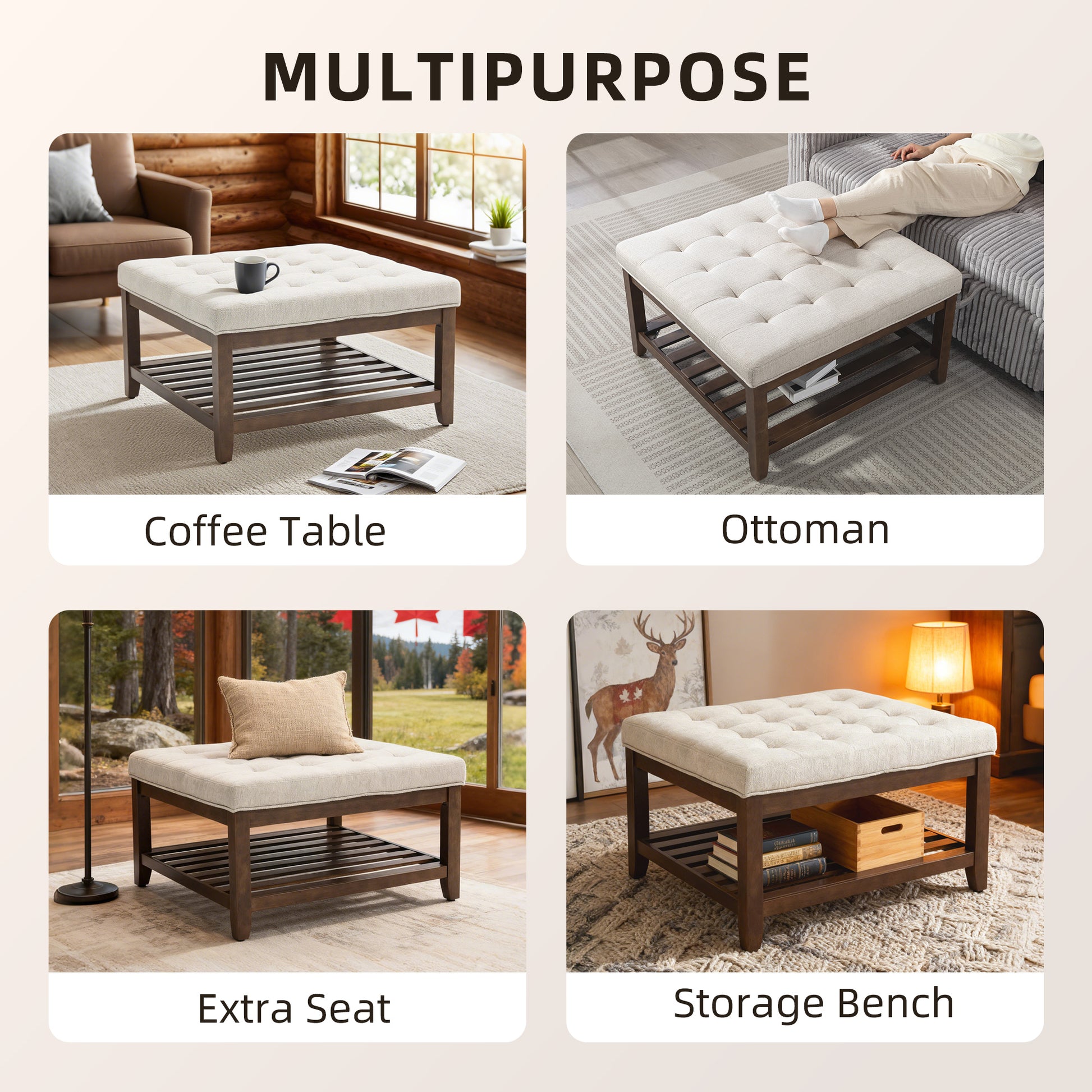 Rectangular Storage Ottoman with Tray Top, Beige