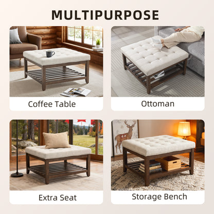 Rectangular Storage Ottoman with Tray Top, Beige