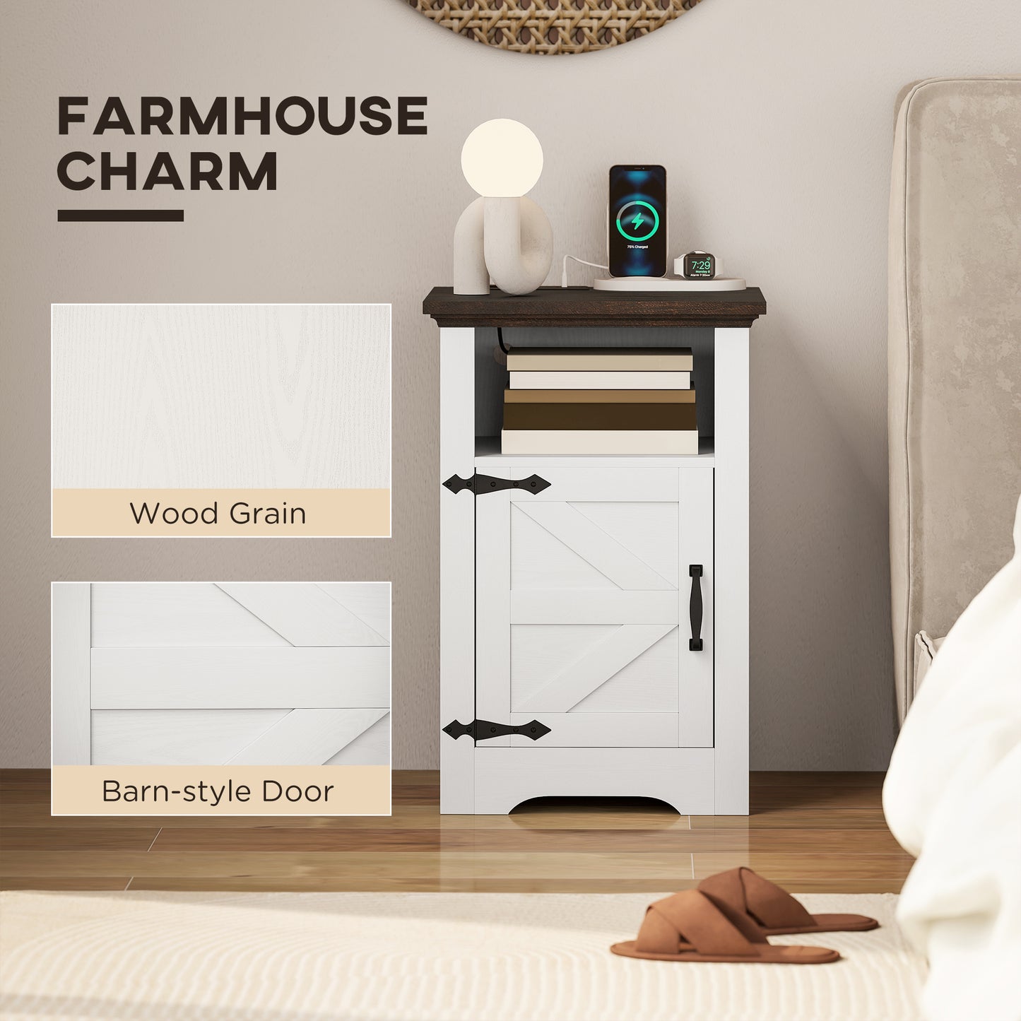 Side Tables with Charging Outlets, White (Set of 2)