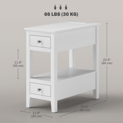 Narrow Side Table with Built-in Charging Station and USB Ports, White