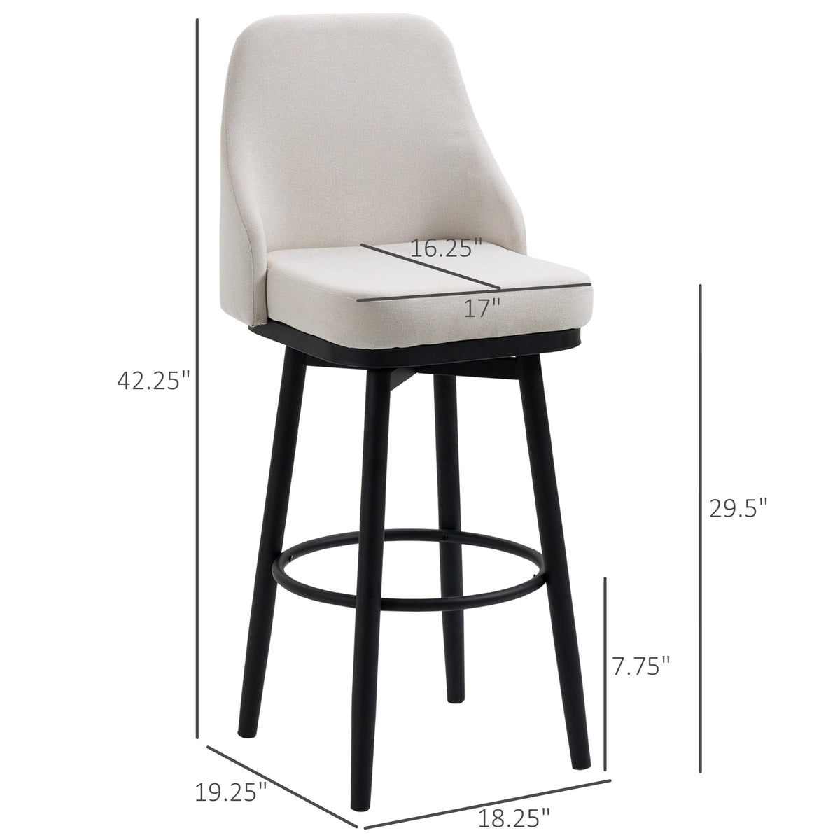 Bar Stools with Metal Legs and Footrest, Cream White (Set of 2)