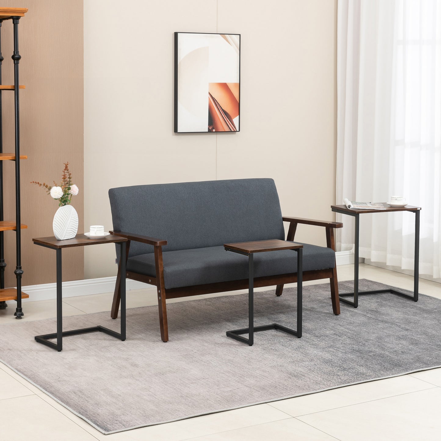 C-Shaped Nesting Side Table Set of 3 with Steel Frame - Vintage Brown