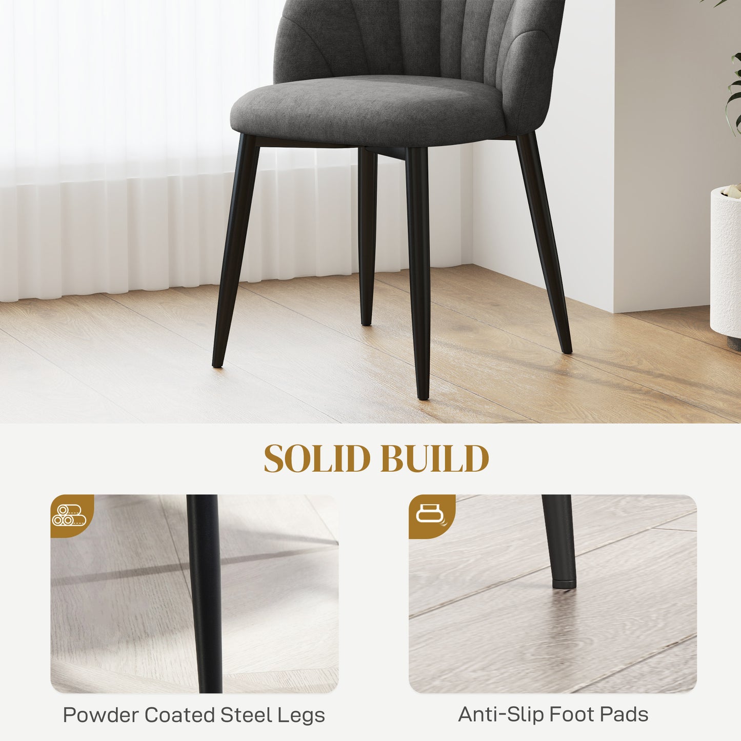 Upholstered Dining Chairs with Shell Backrest and Metal Legs, Dark Grey (Set of 4)