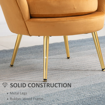 Modern Velvet Accent Chair with Lotus Backrest and Gold Legs, Yellow