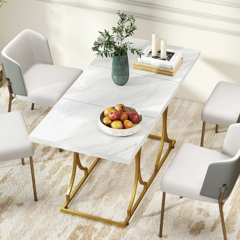 59" Dining Table with Marble Pattern and Metal Pedestal - White
