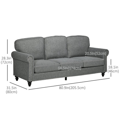 81" Three-Seater Sofa with Rolled Arms, Grey
