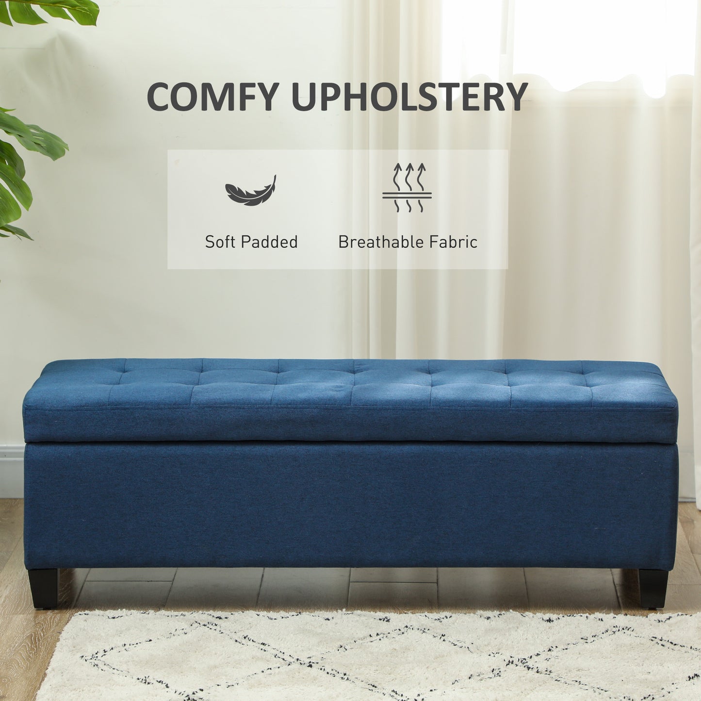 Rectangular Tufted Storage Bench with Wood Feet, Blue