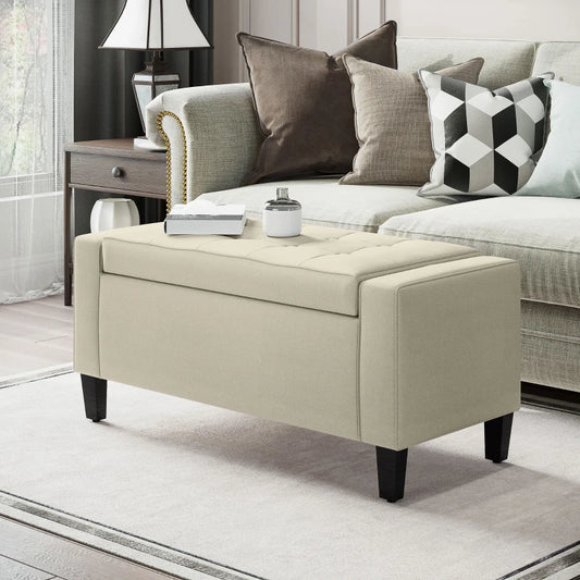 Linen-Touch Storage Ottoman Bench with Tufted Design, Beige
