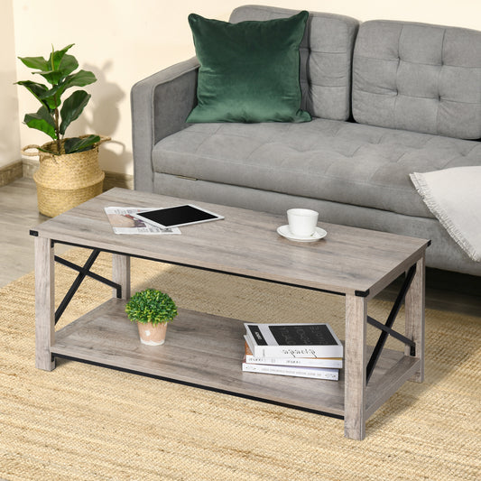 Coffee Table with X-Bar Storage Shelf, Oak