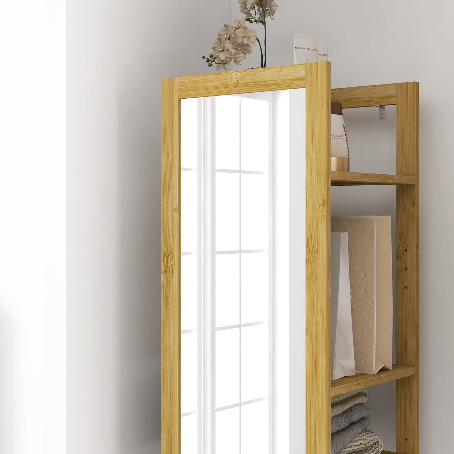 Standing Full Length Mirror with 6-Tier Storage Shelf, 66" x 14", Natural Wood
