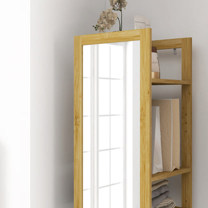 Standing Full Length Mirror with 6-Tier Storage Shelf, 66" x 14", Natural Wood