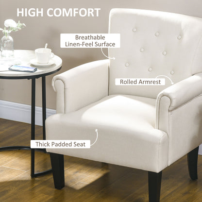 Fabric Accent Chair with Wood Legs and Rolled Arms, Cream White