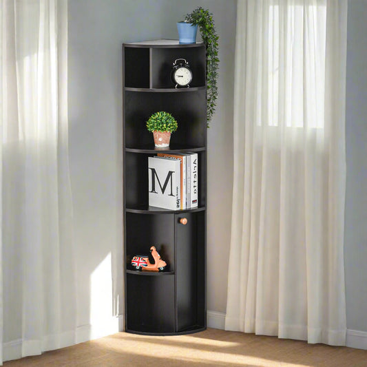 5-Tier Corner Bookcase with Cabinet, Black