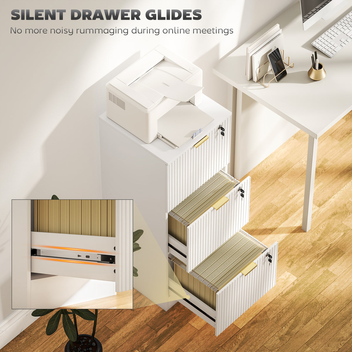 Lockable Filing Cabinet with 3 Fluted Drawers, File Cabinet with Adjustable Hanging Rails for A4 Letter Files, White