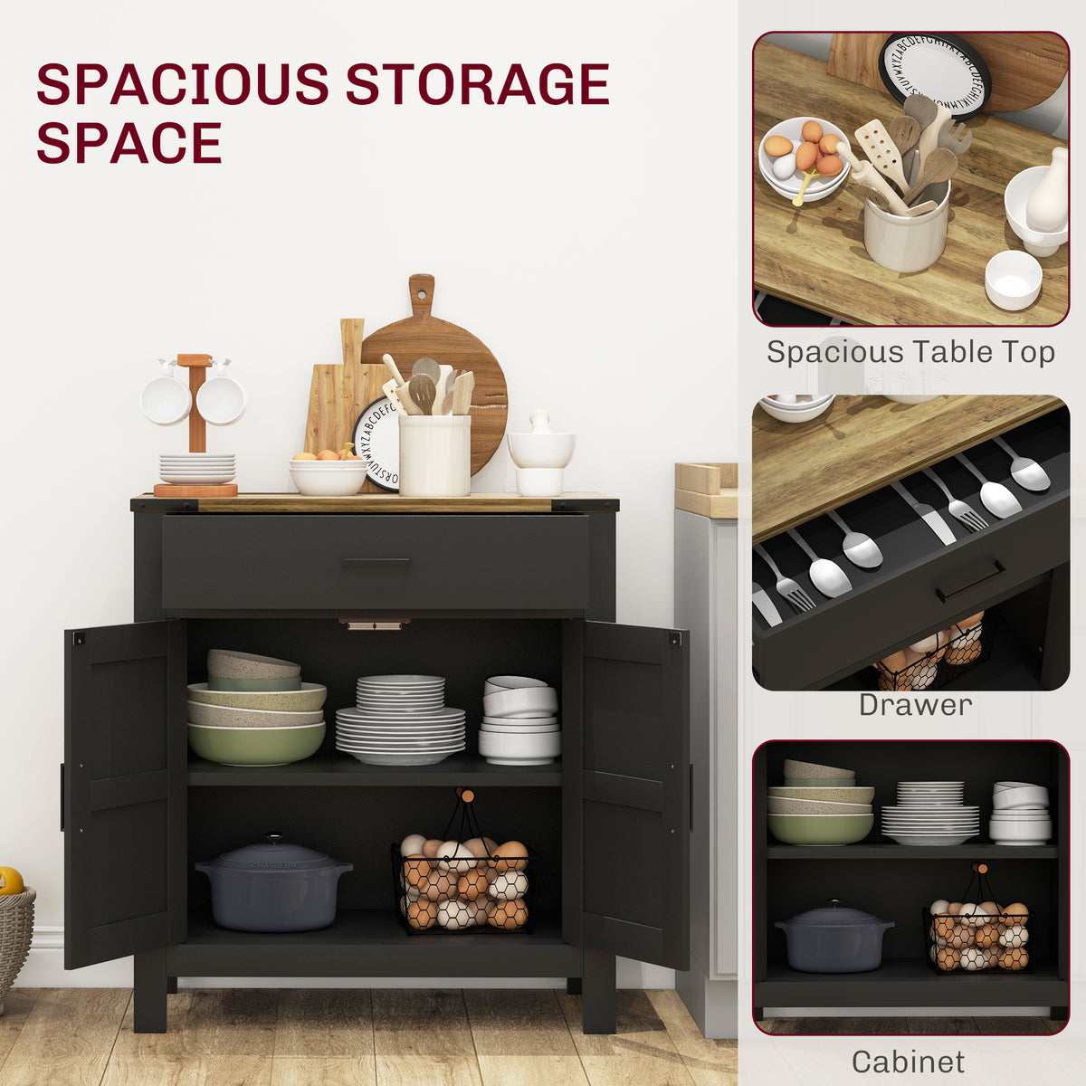 Farmhouse Sideboard Buffet with Drawer and Shelf, Black