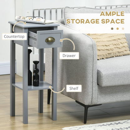 Narrow Tall Side Tables with Drawer and Shelf, Gray (Set of 2)