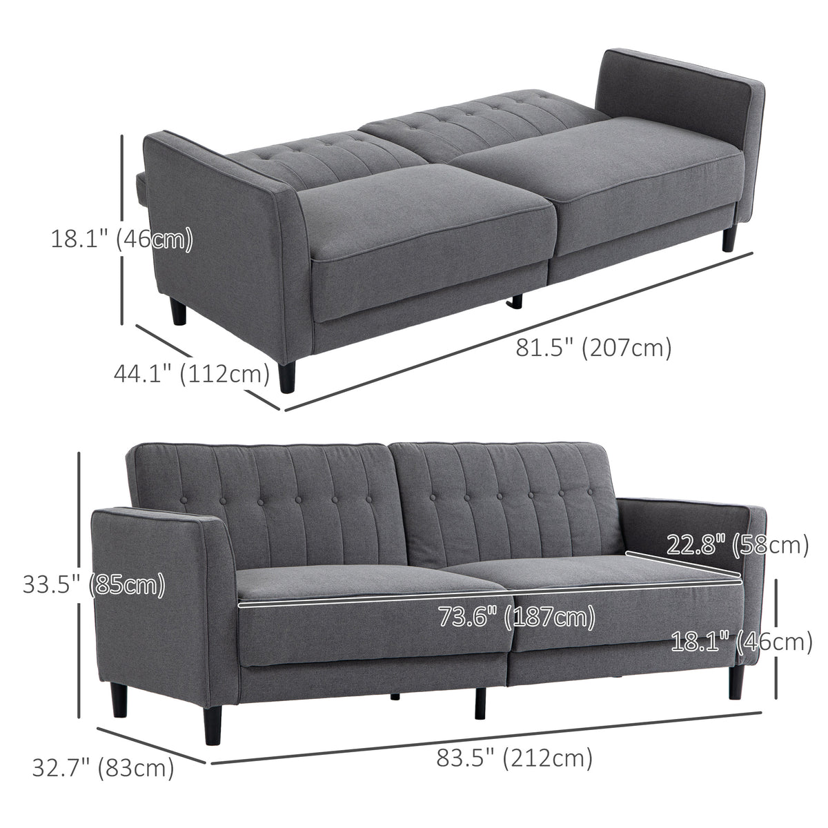 Convertible Sofa Bed with Adjustable Back, Charcoal Grey