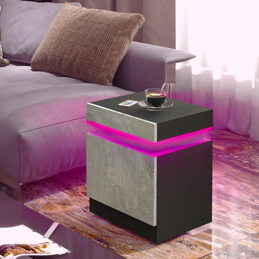 LED Nightstand with Remote Control and 2 Drawers, Cement Gray