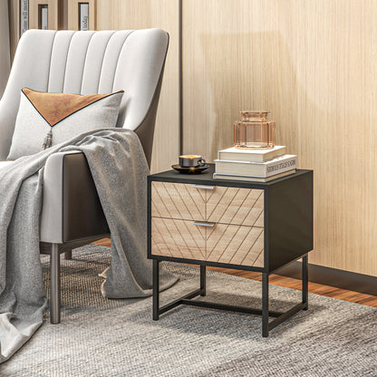 Modern Herringbone Nightstand with Steel Frame, Black and Oak