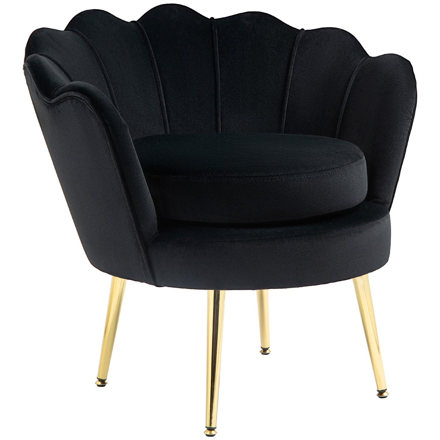 Modern Velvet Accent Chair with Lotus Backrest and Gold Legs, Black