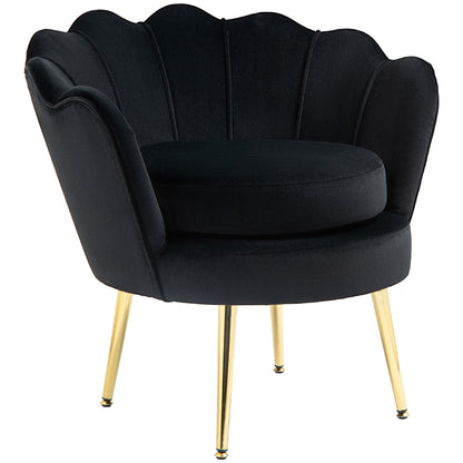 Modern Velvet Accent Chair with Lotus Backrest and Gold Legs, Black