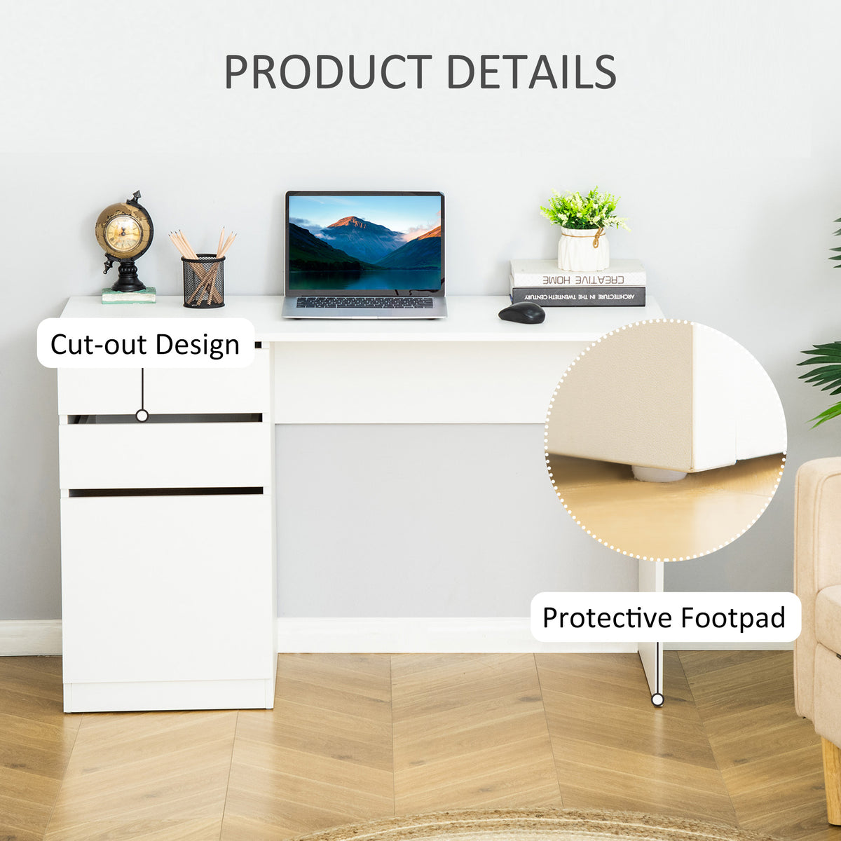 Computer Desk with Drawer and Storage Cabinet, White