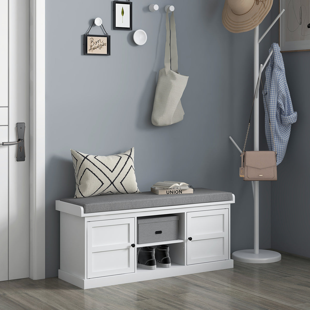Shoe Storage Bench with 2 Cabinets and Adjustable Shelf, White