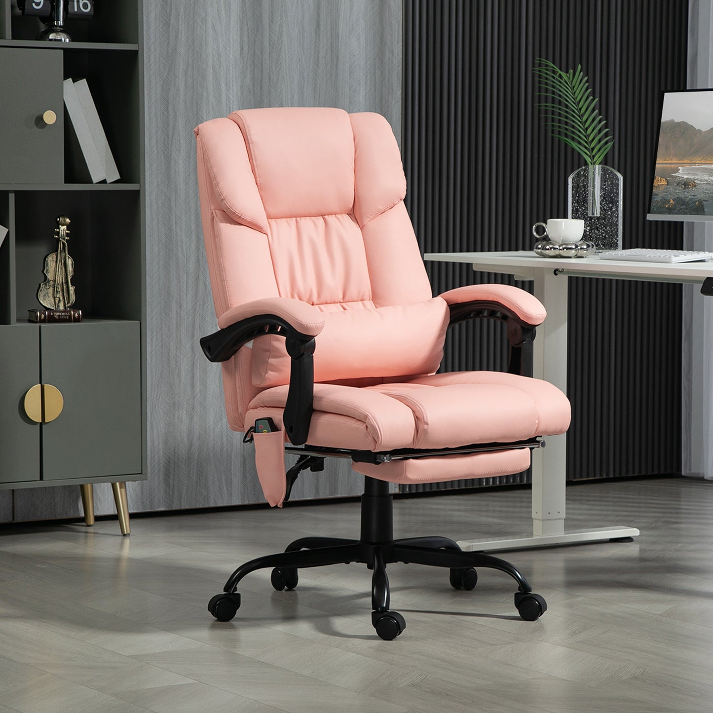 6-Point Massage Office Chair with Adjustable Height and Retractable Footrest, Pink