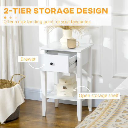 2-Tier Side Tables with Drawer and Shelf, White (Set of 2)