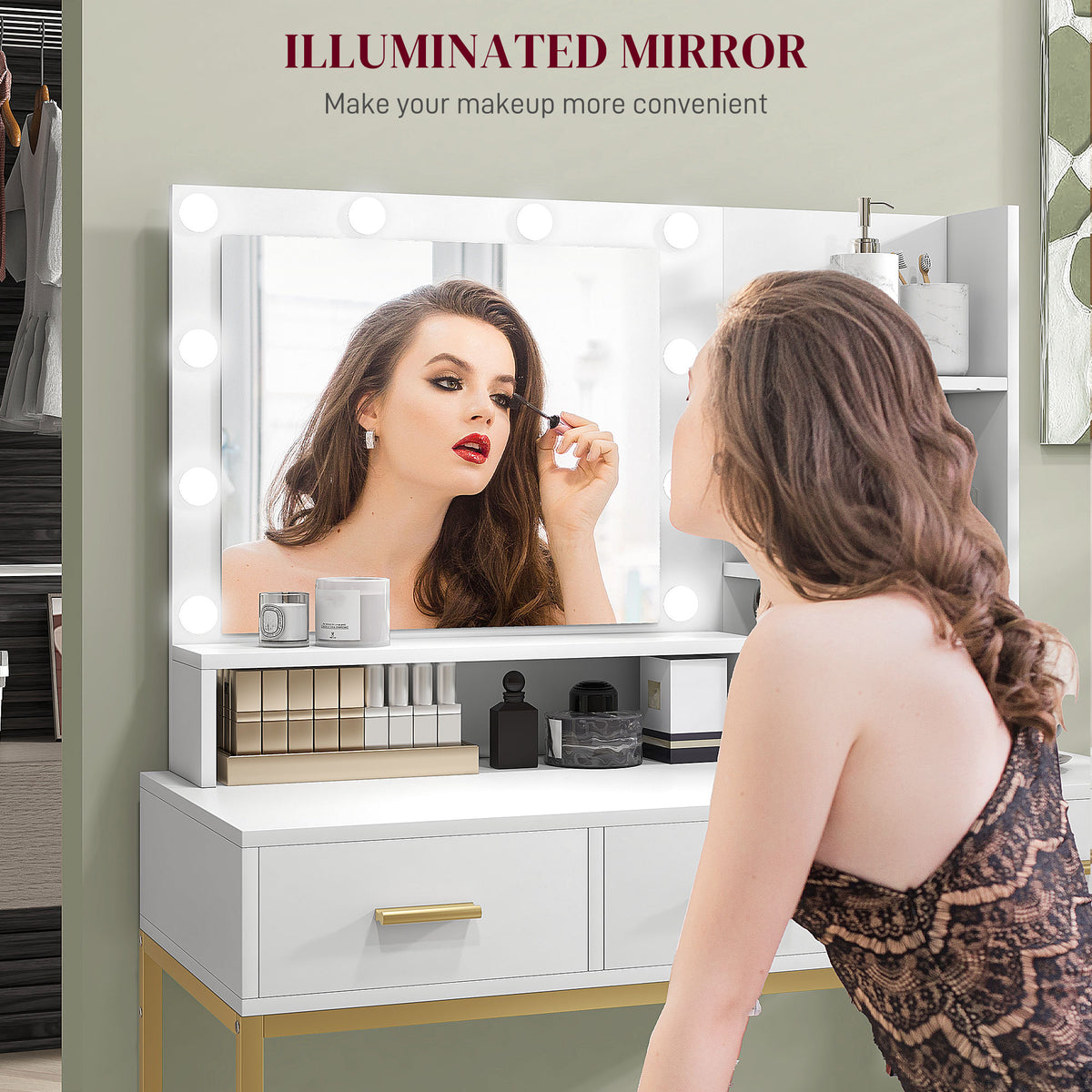 LED Vanity Table with Mirror, Drawers, and Shelves, White