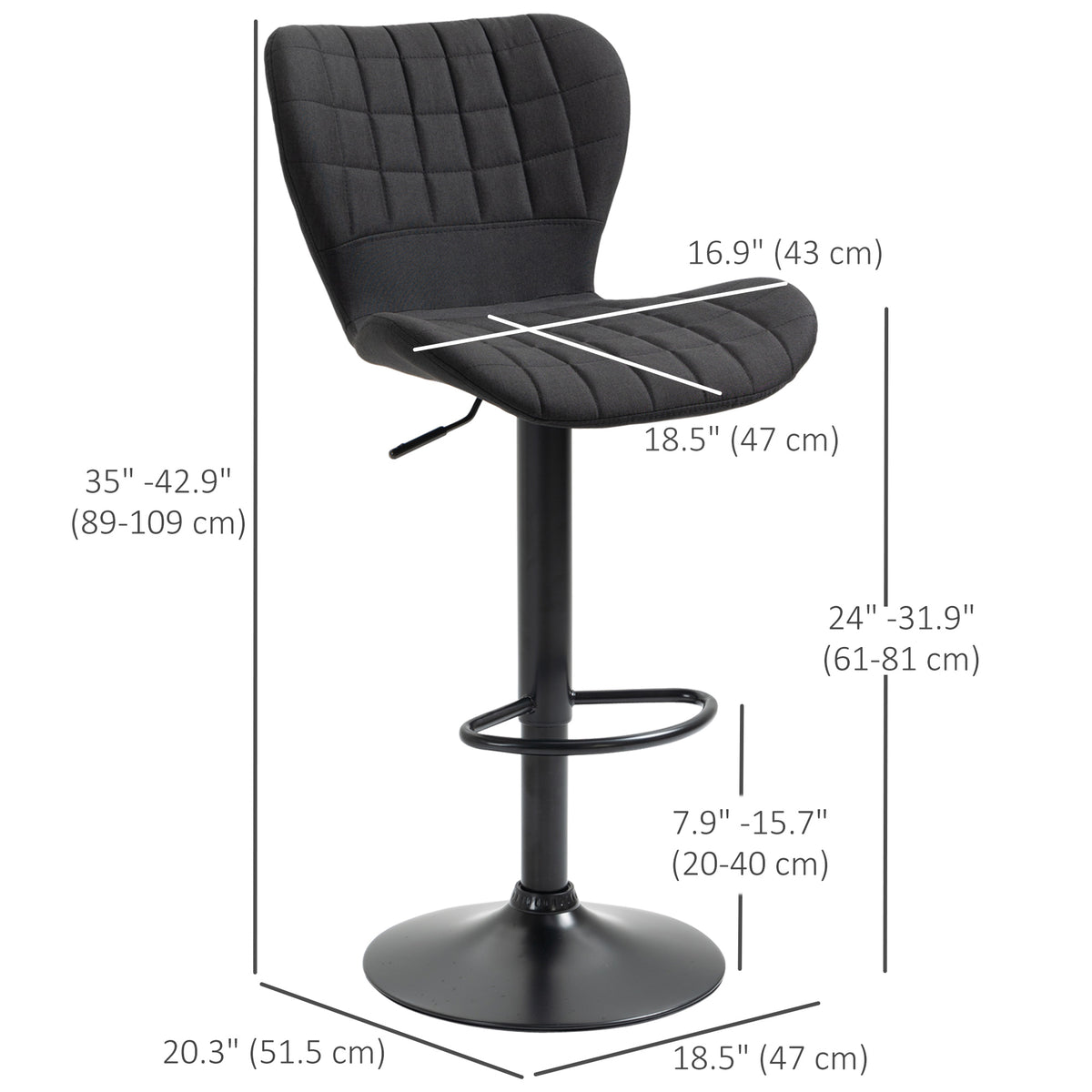 Adjustable Swivel Bar Stools with Linen Upholstery and Footrest, Black (Set of 2)