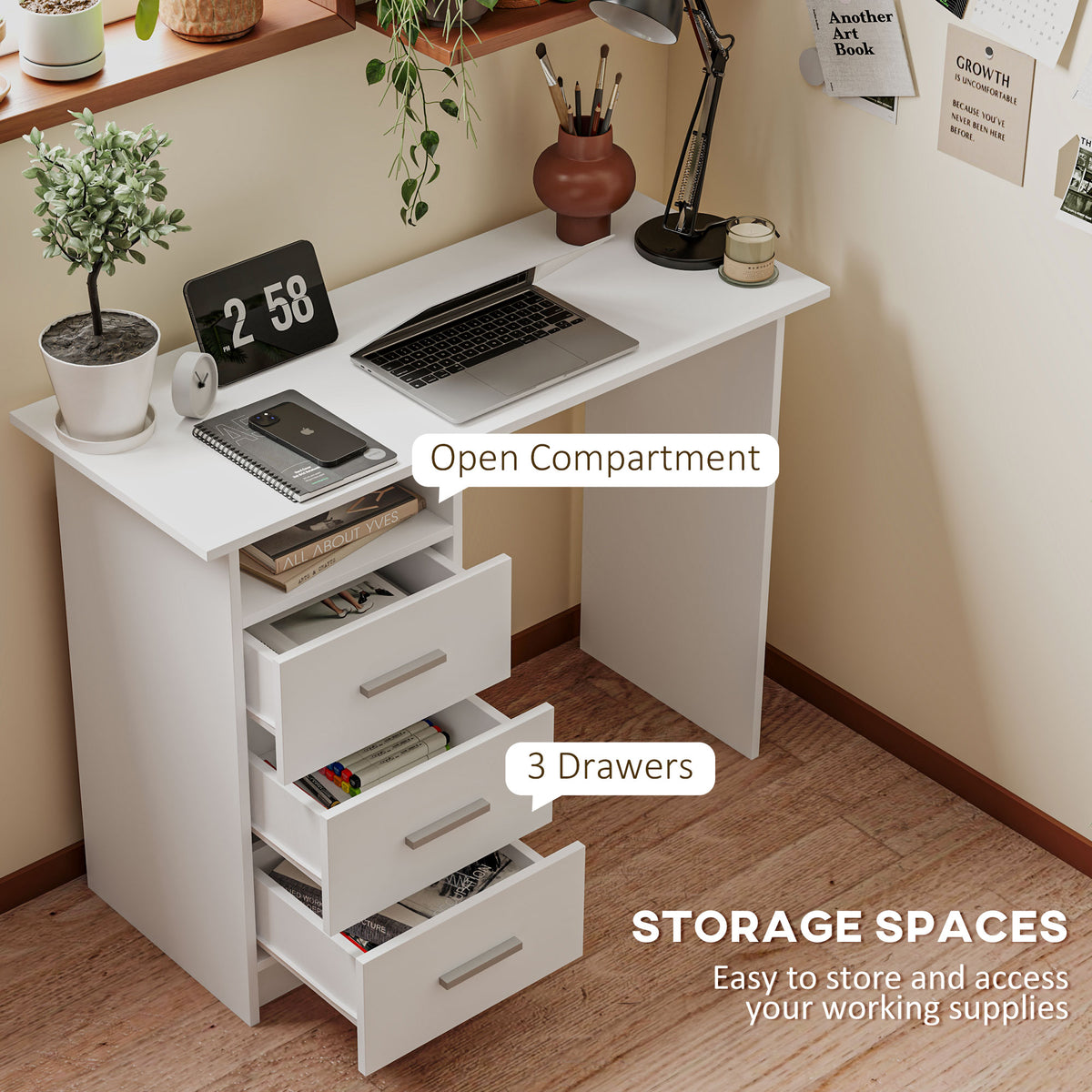 39" Computer Desk with 3 Drawers and Open Shelf, White