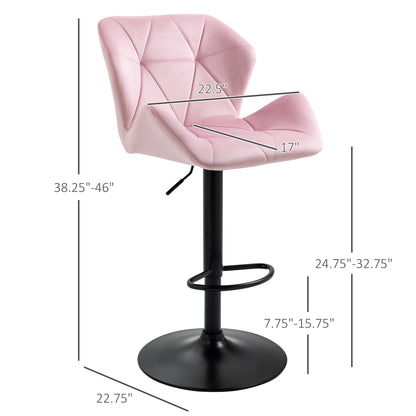 Velvet-Touch Adjustable Height Bar Stools with Diamond Tufting, Pink (Set of 2)