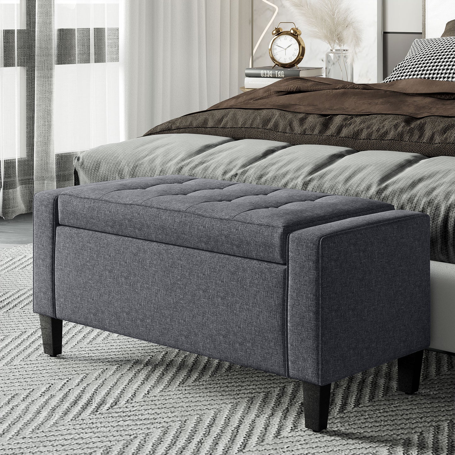 Linen Upholstered Storage Ottoman Bench with Tufted Design, Dark Gray