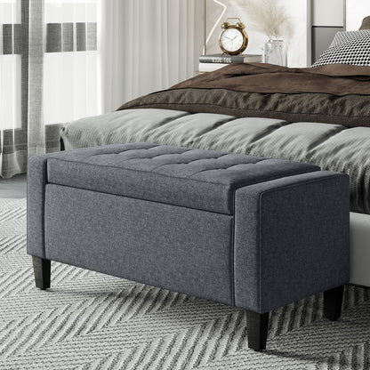 Linen Upholstered Storage Ottoman Bench with Tufted Design, Dark Gray