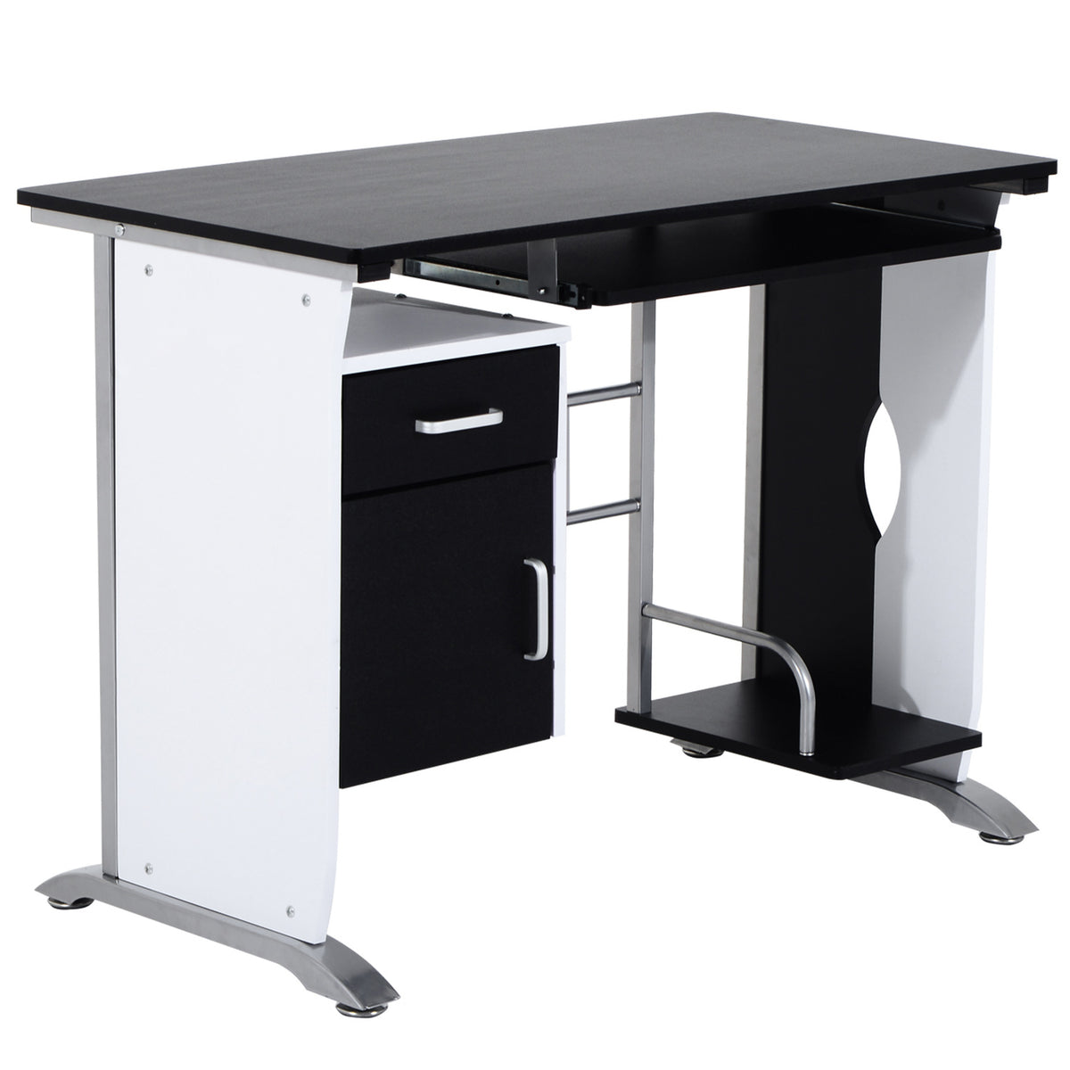 Computer Desk with Keyboard Tray and CPU Stand, Black and White