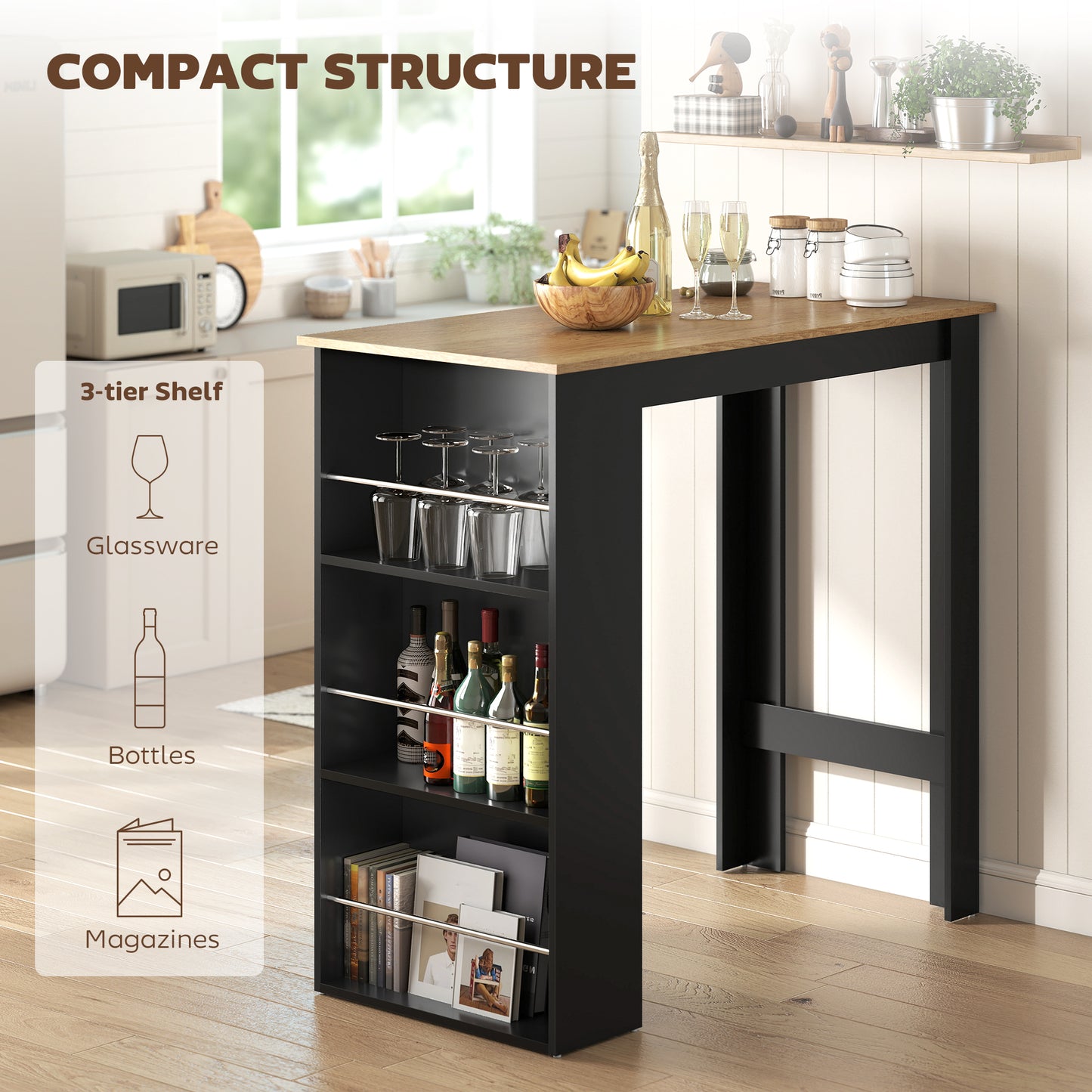 Round Drop-Leaf Dining Table with Storage Shelf, White and Natural Wood