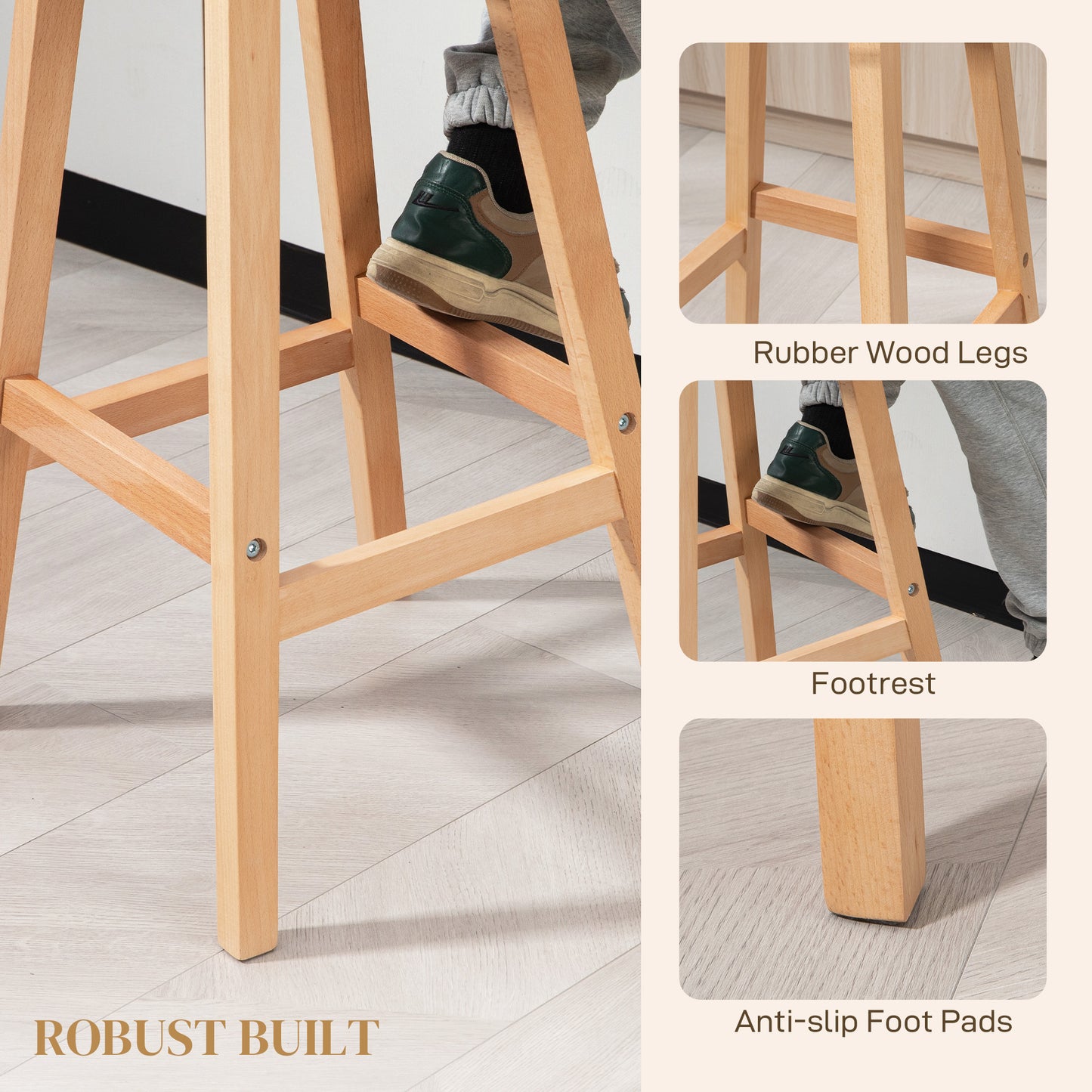 Upholstered Counter Stools with Button Tufted Back and Wood Legs, Cream White (Set of 2)