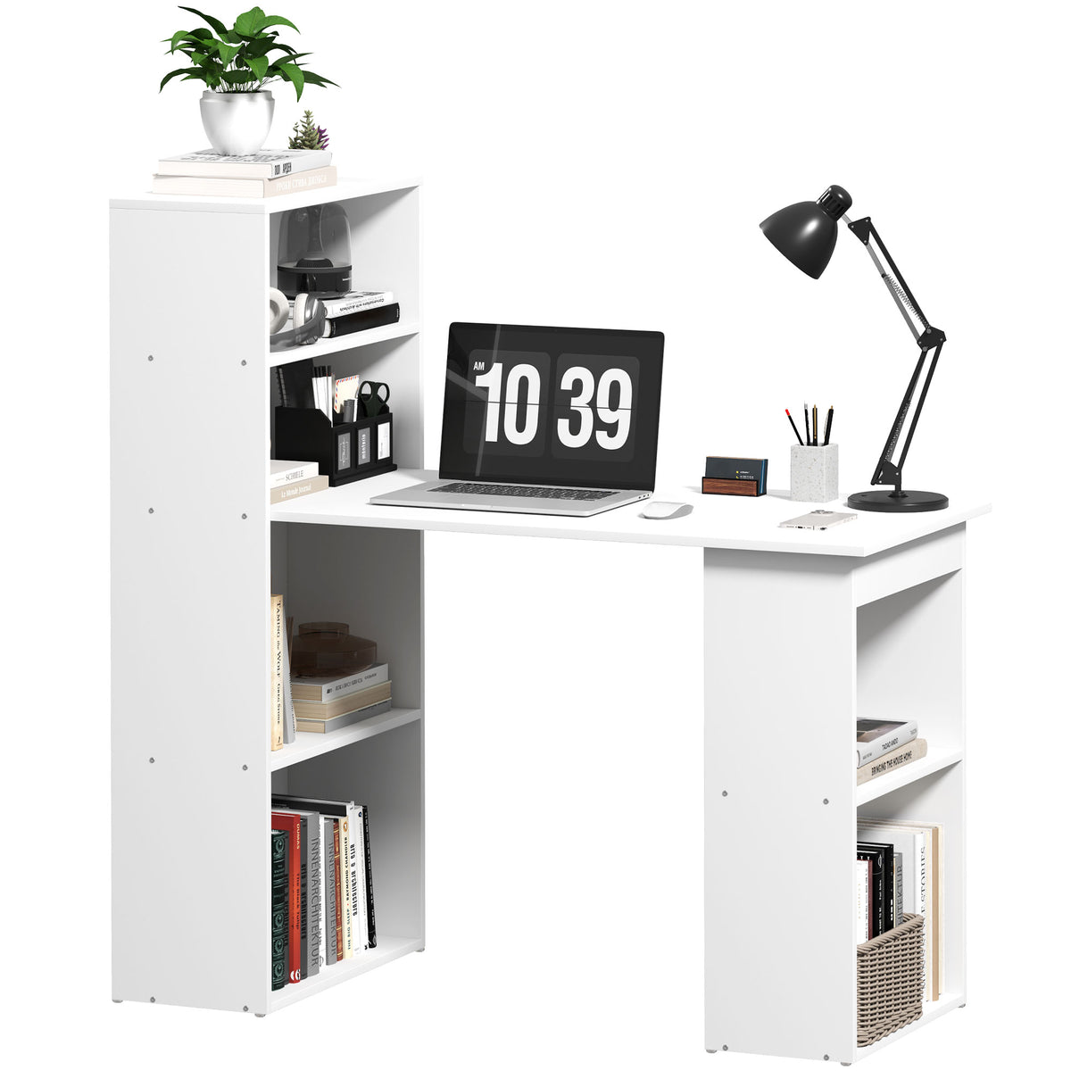 47" Computer Desk with Bookshelf and Storage Shelves, White