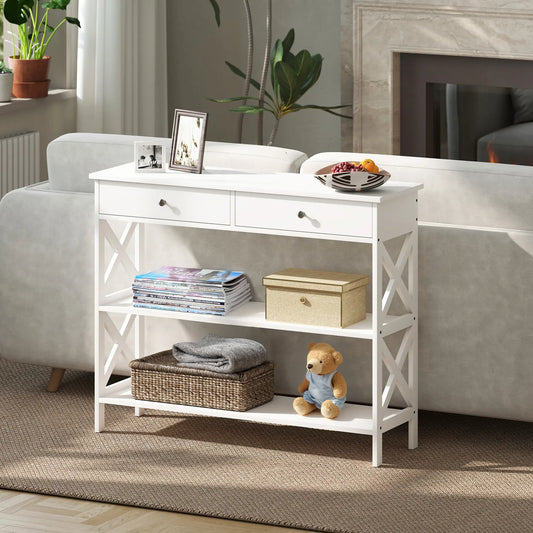 39" Console Table with X-Frame Design and Storage Drawers, White