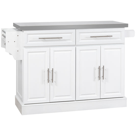 Rolling Kitchen Trolley with Stainless Steel Top and Towel Rack and Cabinet, White