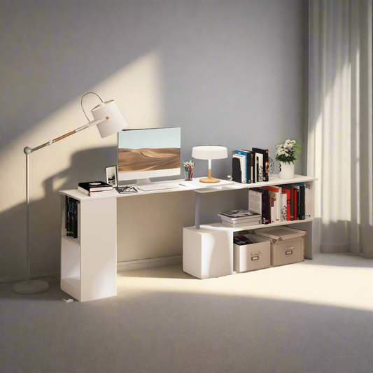 55" Rotating L-Shaped Computer Desk with Shelves, White